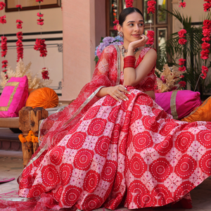 Ruby And Cream Rhapsody Printed Satin Lehenga Set
