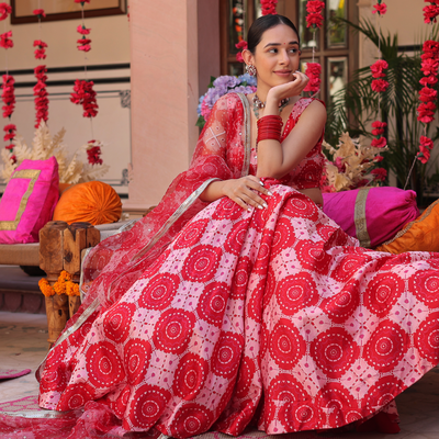 Ruby And Cream Rhapsody Printed Satin Lehenga Set