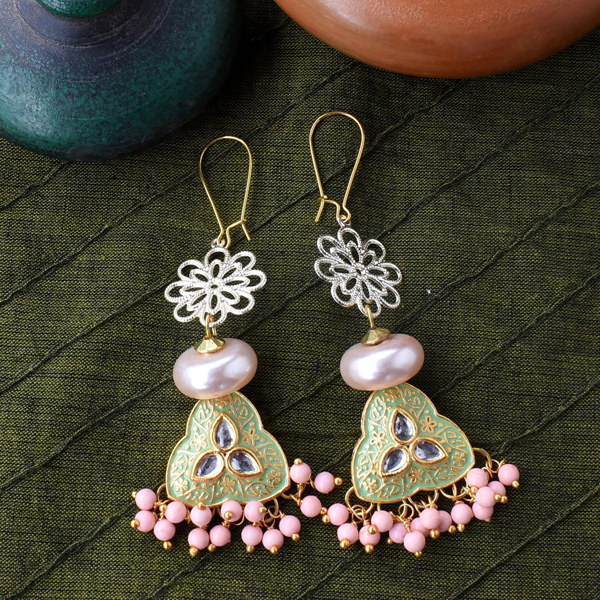 Bindurekha Green & Golden Meena Earrings