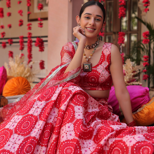 Ruby And Cream Rhapsody Printed Satin Lehenga Set