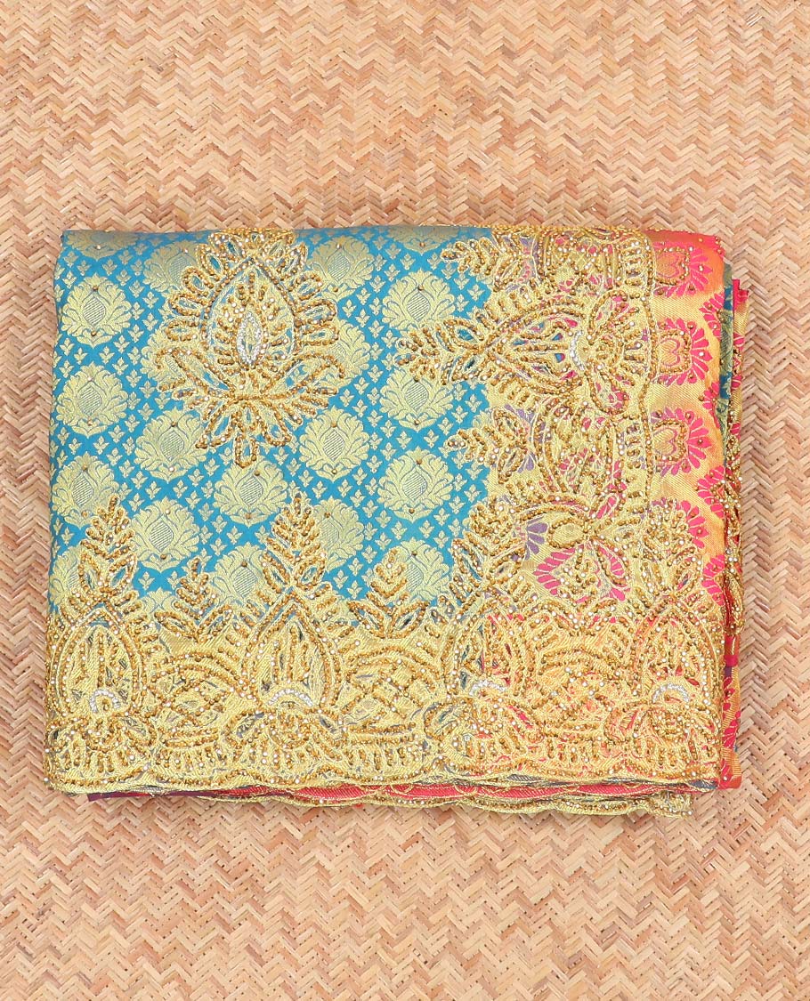 Blue embossed silksaree with stonework, contrast cutwork border & rich stonework pallu & unstitched aari blouse