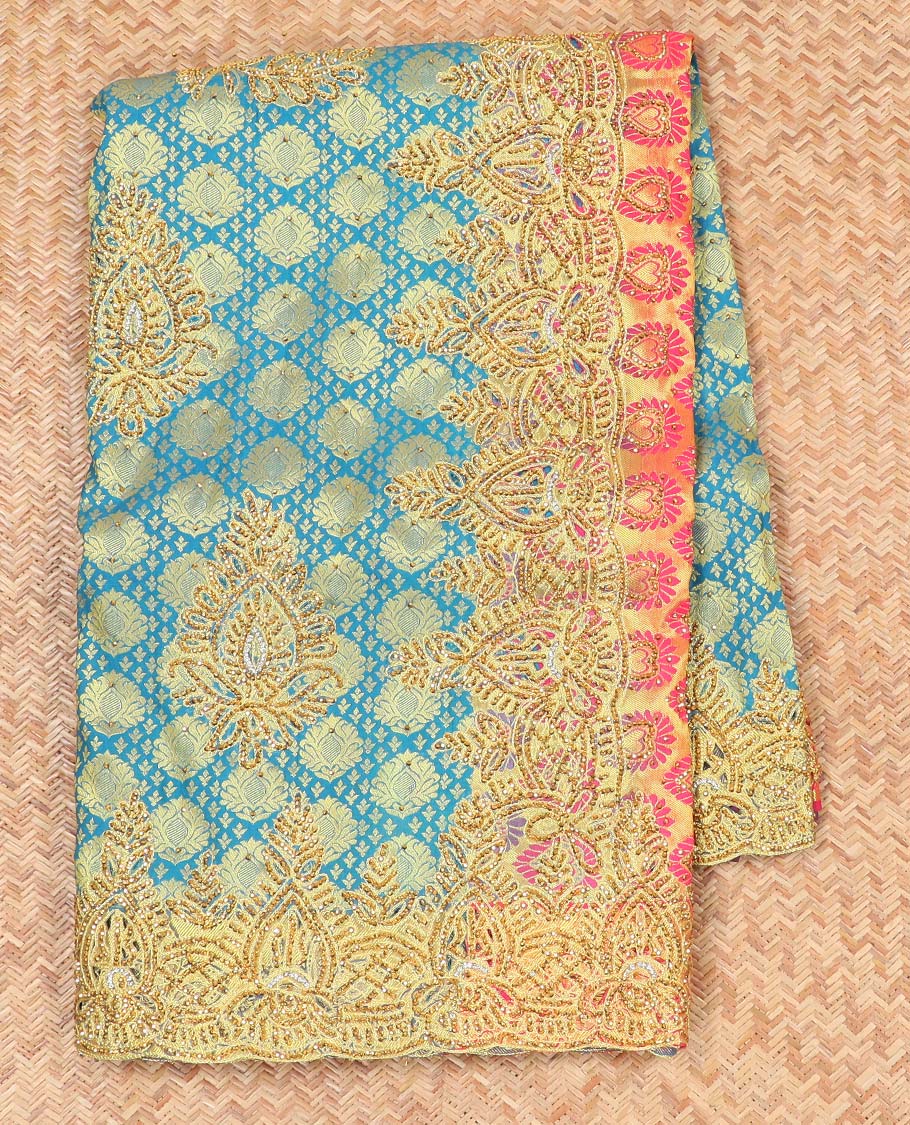 Blue embossed silksaree with stonework, contrast cutwork border & rich stonework pallu & unstitched aari blouse