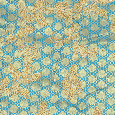 Blue embossed silksaree with stonework, contrast cutwork border & rich stonework pallu & unstitched aari blouse