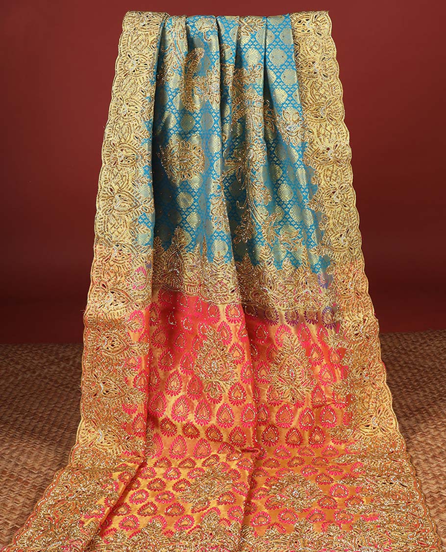 Blue embossed silksaree with stonework, contrast cutwork border & rich stonework pallu & unstitched aari blouse