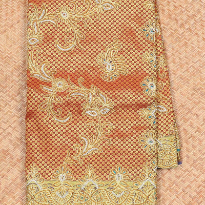 Maroon silk saree with floral creeper design in zardozi beads, cut-work border & contrast pallu enriched with stones