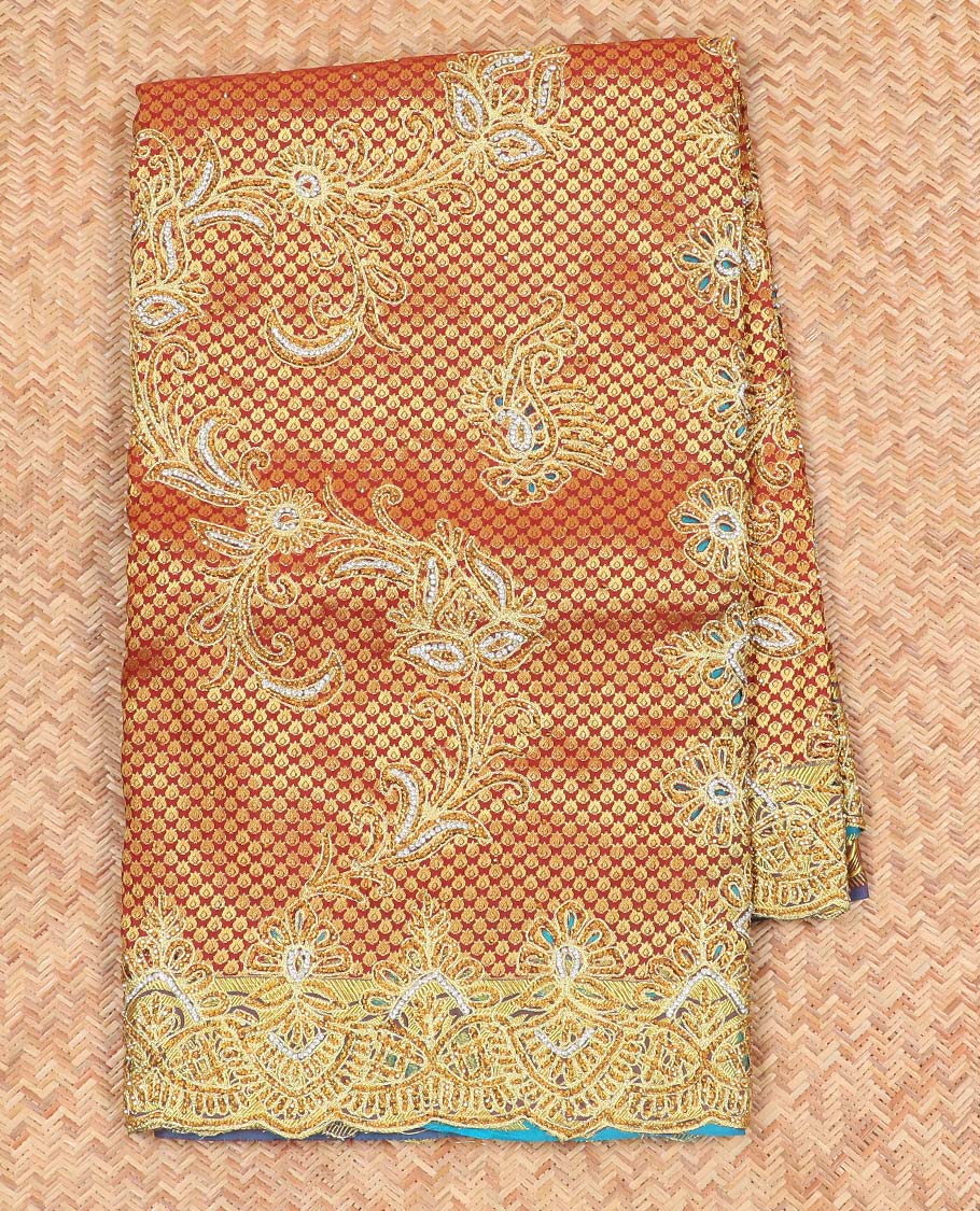 Maroon silk saree with floral creeper design in zardozi beads, cut-work border & contrast pallu enriched with stones