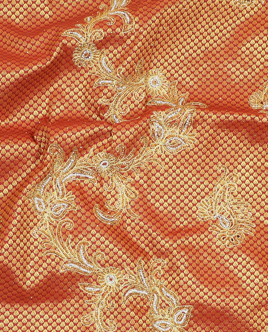 Maroon silk saree with floral creeper design in zardozi beads, cut-work border & contrast pallu enriched with stones