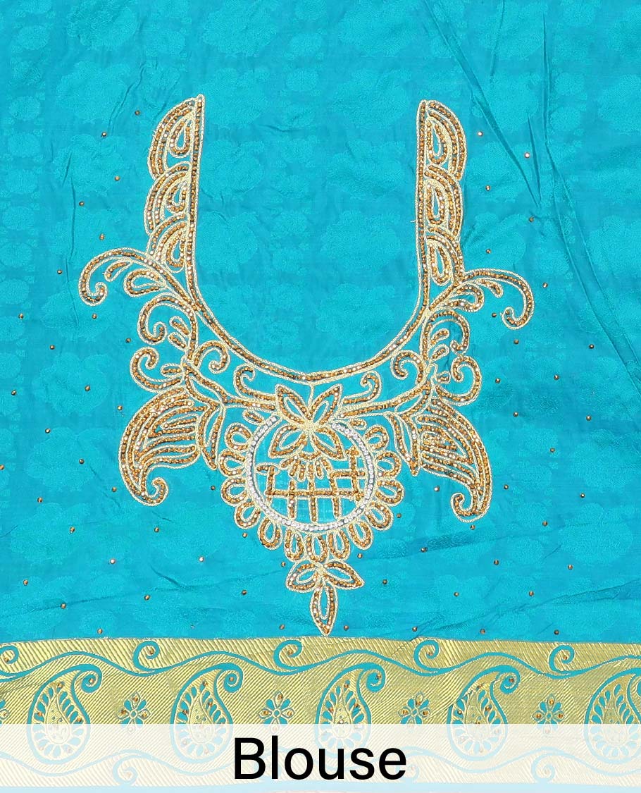 Maroon silk saree with floral creeper design in zardozi beads, cut-work border & contrast pallu enriched with stones