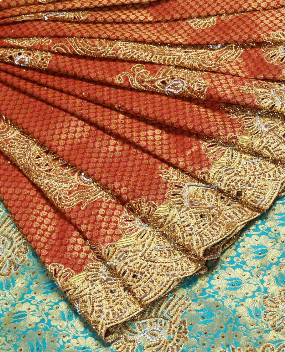 Maroon silk saree with floral creeper design in zardozi beads, cut-work border & contrast pallu enriched with stones