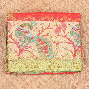 Red jacquard design with stonework vastrakala silksaree, contrast stonework meenakari border & intricate stonework pallu