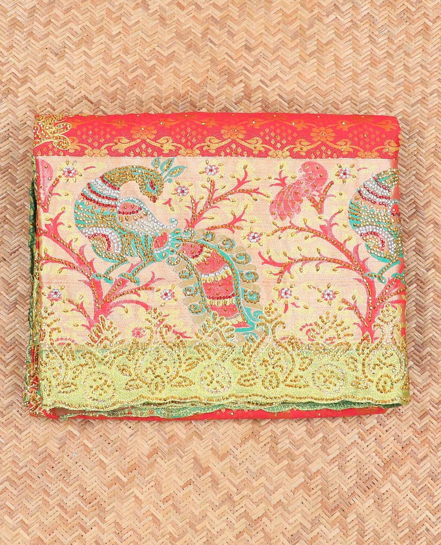 Red jacquard design with stonework vastrakala silksaree, contrast stonework meenakari border & intricate stonework pallu