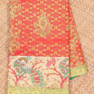 Red jacquard design with stonework vastrakala silksaree, contrast stonework meenakari border & intricate stonework pallu