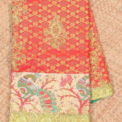 Red jacquard design with stonework vastrakala silksaree, contrast stonework meenakari border & intricate stonework pallu