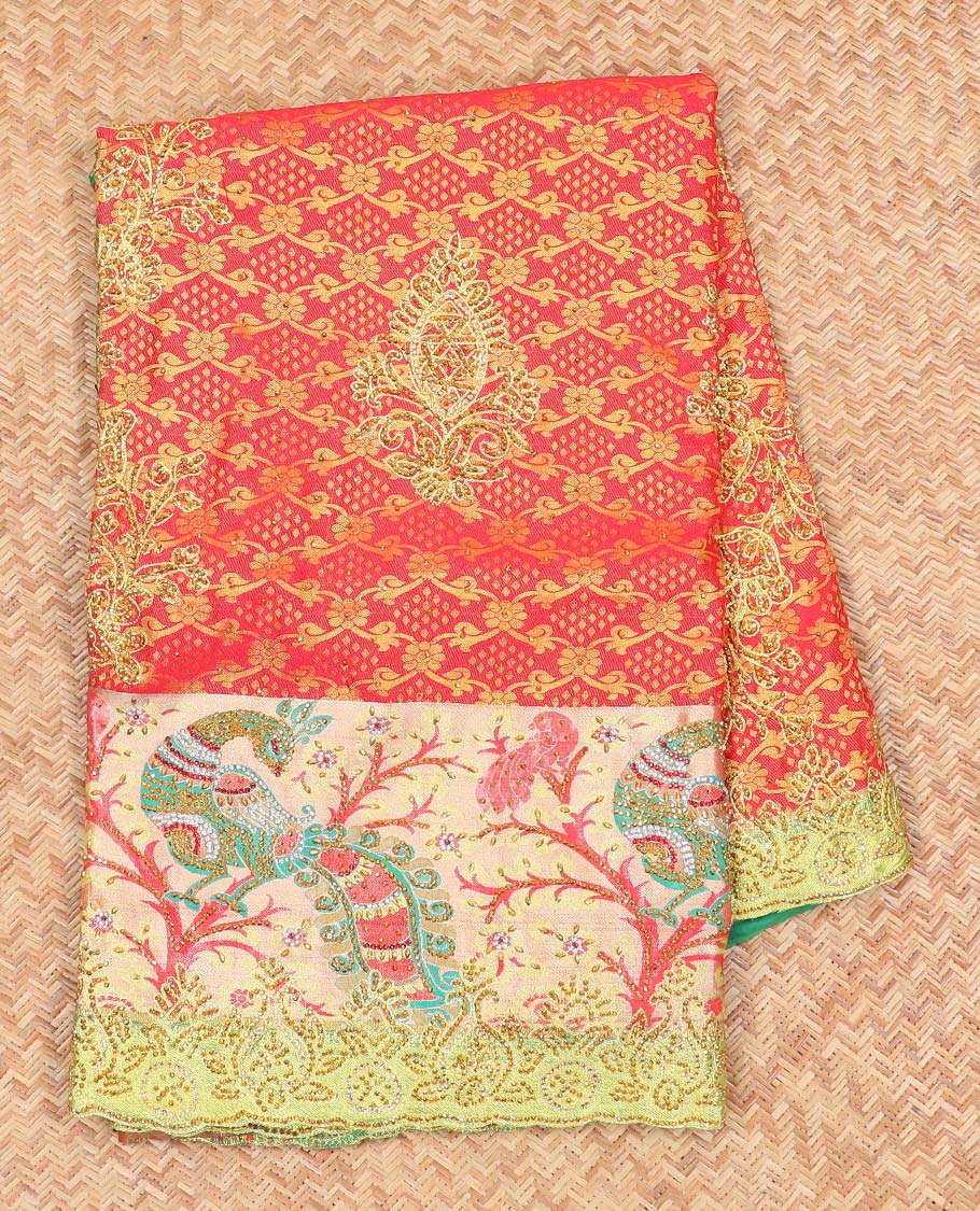 Red jacquard design with stonework vastrakala silksaree, contrast stonework meenakari border & intricate stonework pallu