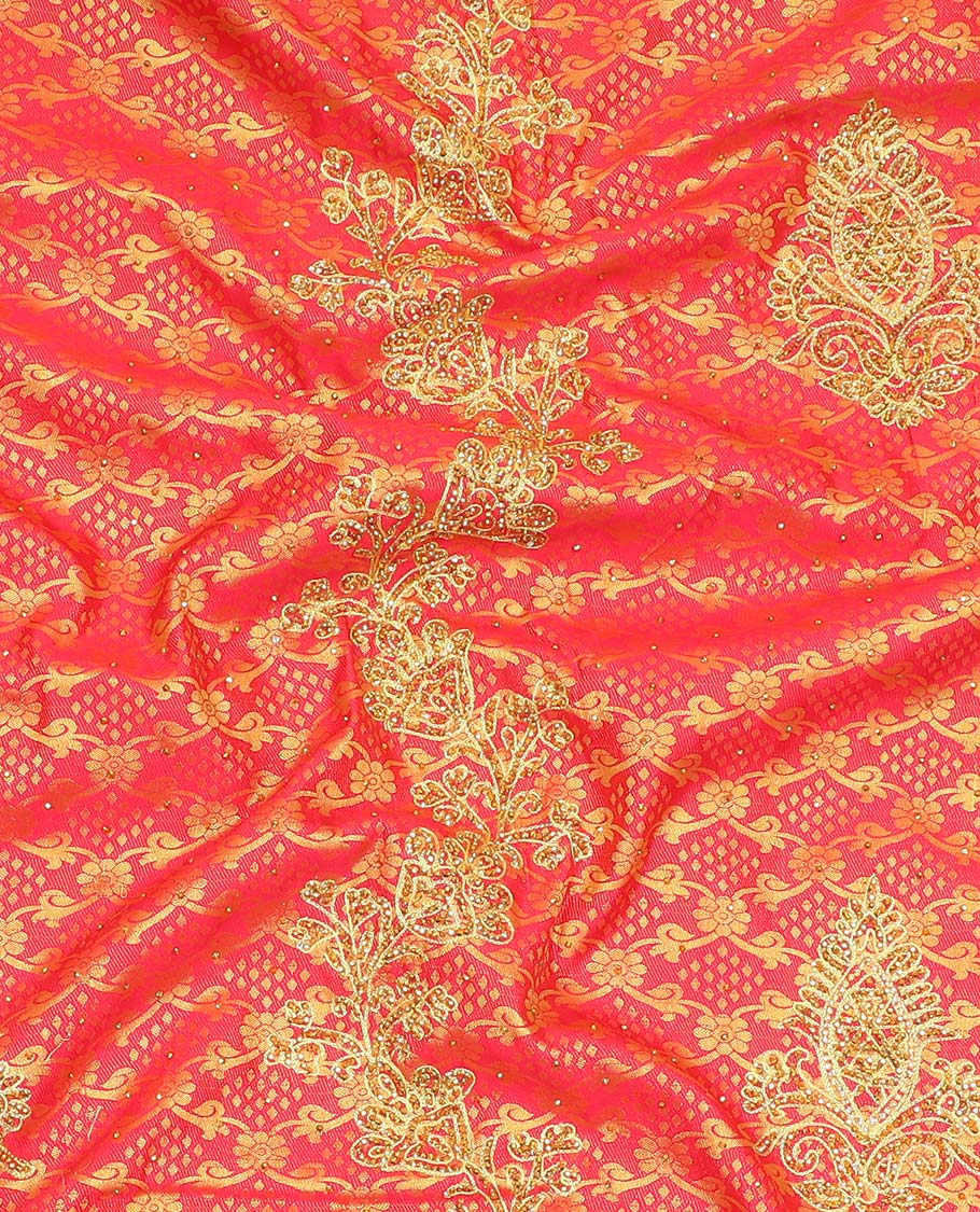 Red jacquard design with stonework vastrakala silksaree, contrast stonework meenakari border & intricate stonework pallu