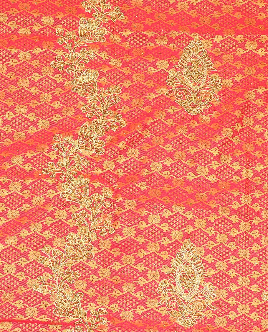 Red jacquard design with stonework vastrakala silksaree, contrast stonework meenakari border & intricate stonework pallu