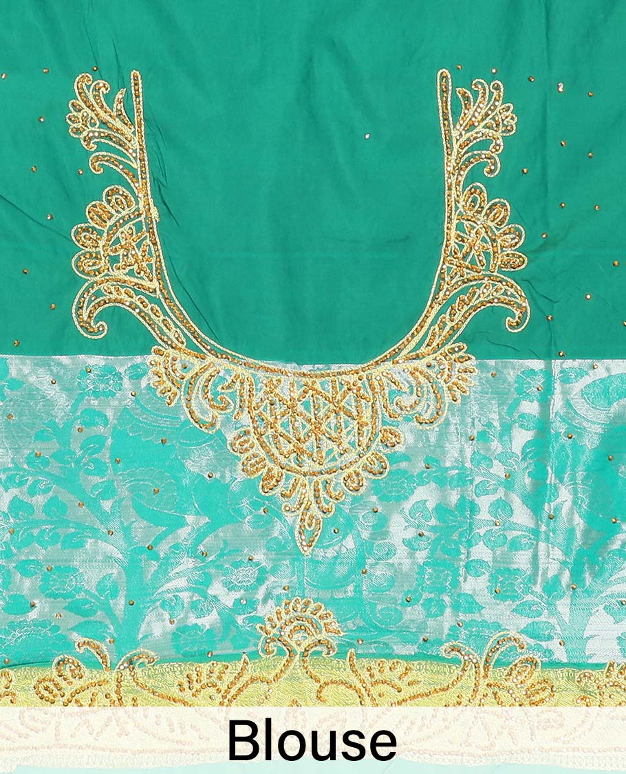Red jacquard design with stonework vastrakala silksaree, contrast stonework meenakari border & intricate stonework pallu