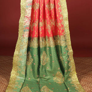 Red jacquard design with stonework vastrakala silksaree, contrast stonework meenakari border & intricate stonework pallu