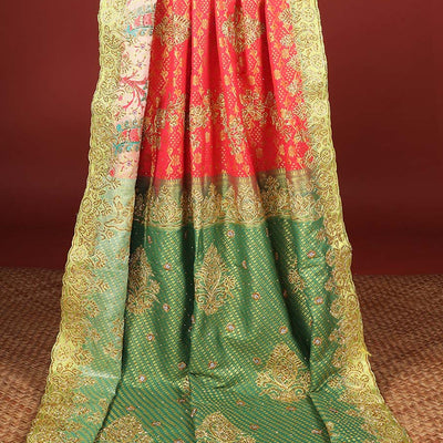 Red jacquard design with stonework vastrakala silksaree, contrast stonework meenakari border & intricate stonework pallu