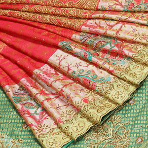 Red jacquard design with stonework vastrakala silksaree, contrast stonework meenakari border & intricate stonework pallu