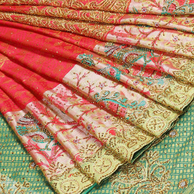 Red jacquard design with stonework vastrakala silksaree, contrast stonework meenakari border & intricate stonework pallu