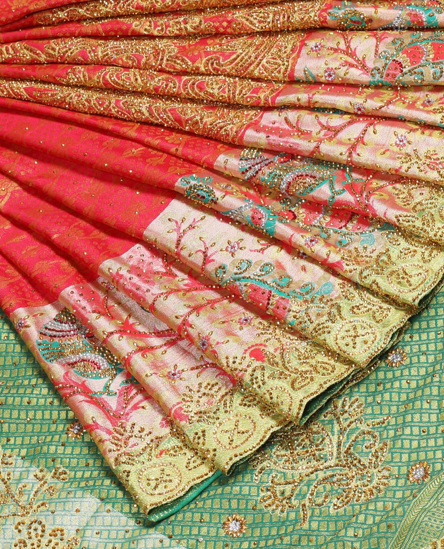 Red jacquard design with stonework vastrakala silksaree, contrast stonework meenakari border & intricate stonework pallu