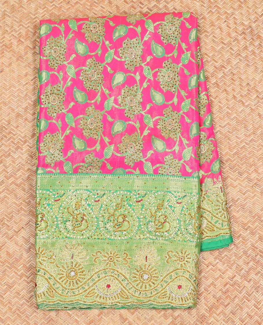 Hot pink silksaree with floral & paisley jacquard design, contrast turquoise cut work border & pallu, all-over stonework