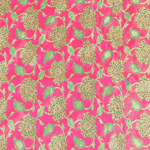 Hot pink silksaree with floral & paisley jacquard design, contrast turquoise cut work border & pallu, all-over stonework