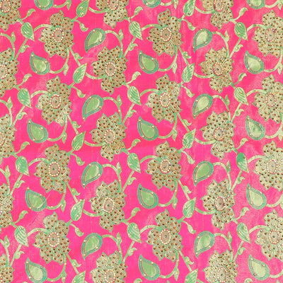 Hot pink silksaree with floral & paisley jacquard design, contrast turquoise cut work border & pallu, all-over stonework