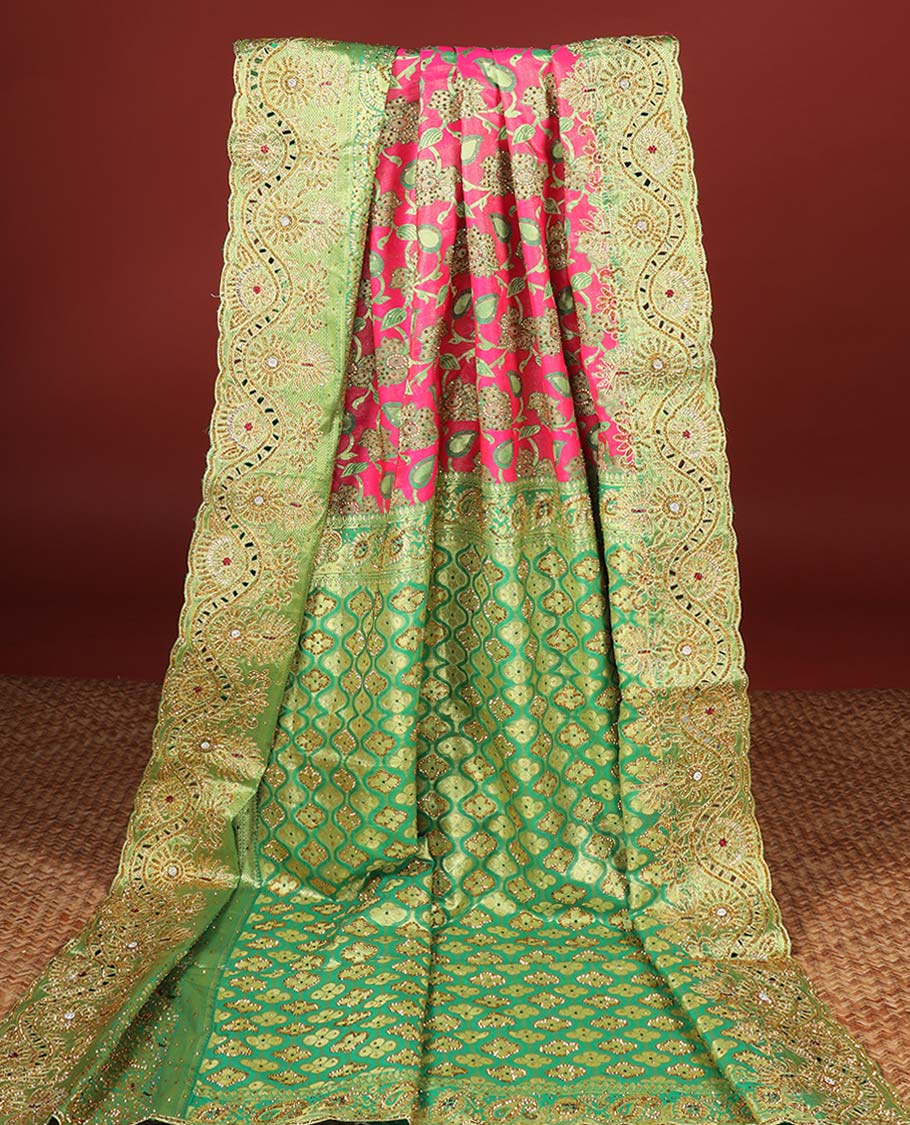 Hot pink silksaree with floral & paisley jacquard design, contrast turquoise cut work border & pallu, all-over stonework