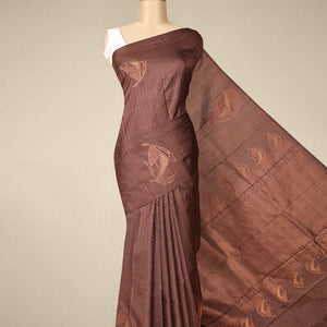 Borderless deep coffee brown soft silksaree with dotted strip & unique buttas on its body,self-pallu of intricate design