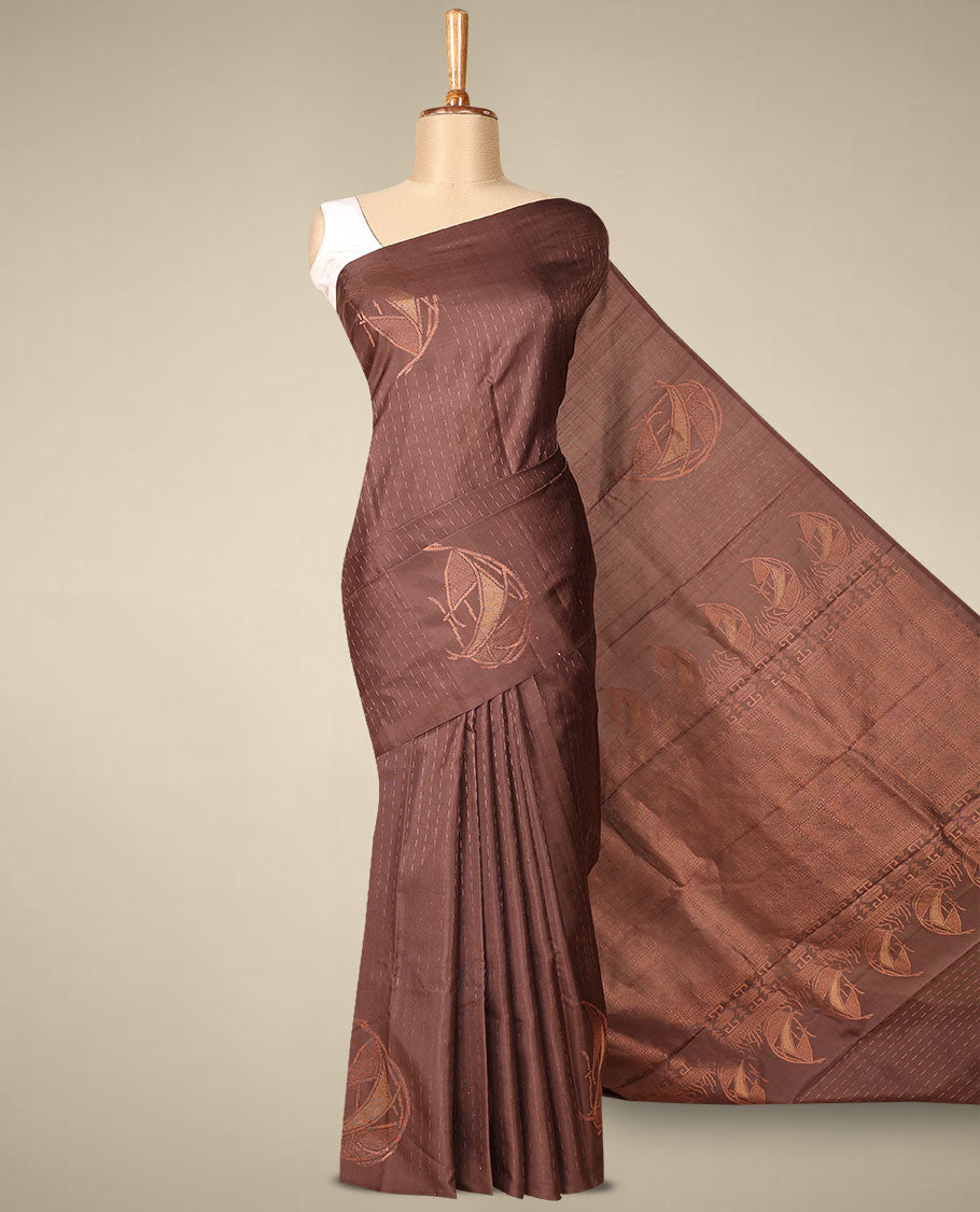 Borderless deep coffee brown soft silksaree with dotted strip & unique buttas on its body,self-pallu of intricate design