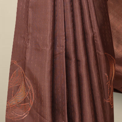 Borderless deep coffee brown soft silksaree with dotted strip & unique buttas on its body,self-pallu of intricate design