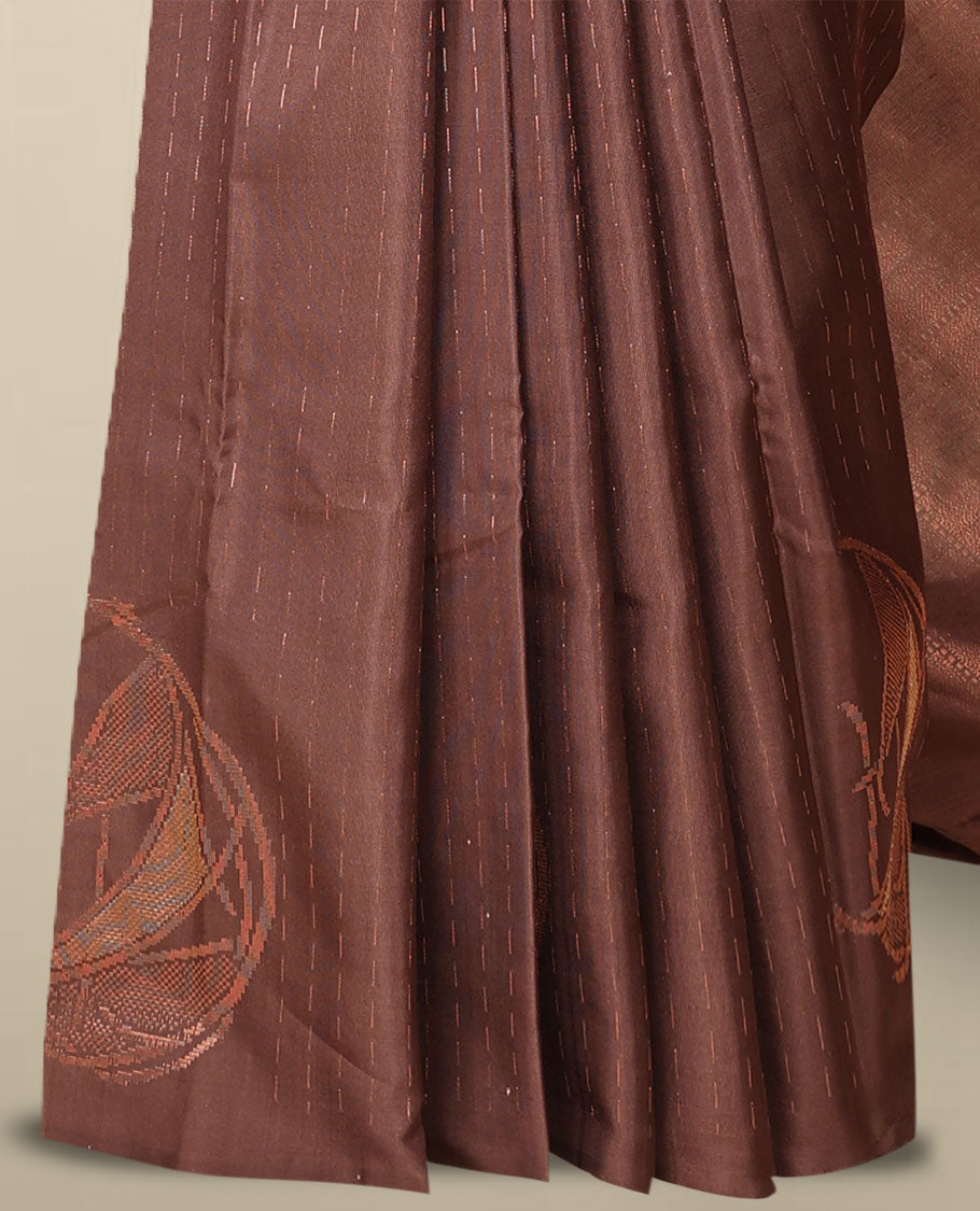 Borderless deep coffee brown soft silksaree with dotted strip & unique buttas on its body,self-pallu of intricate design