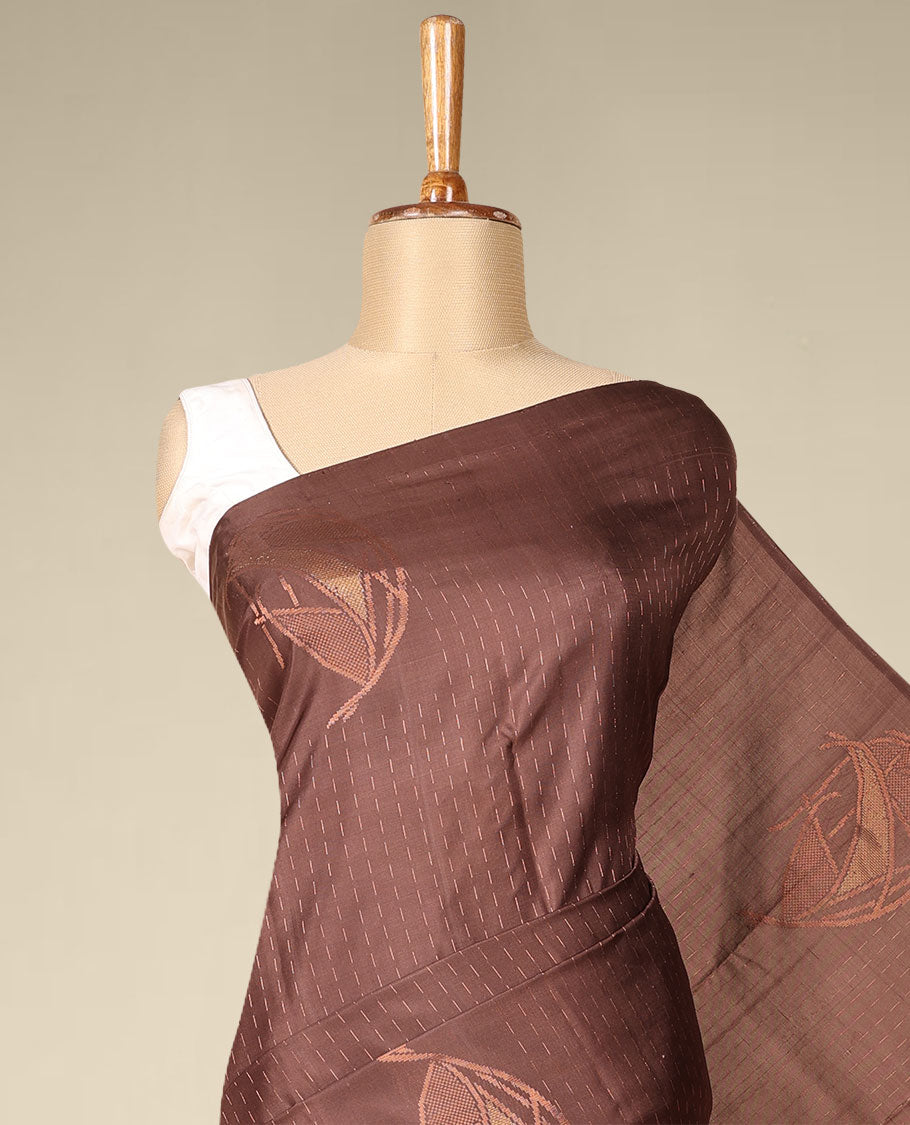 Borderless deep coffee brown soft silksaree with dotted strip & unique buttas on its body,self-pallu of intricate design