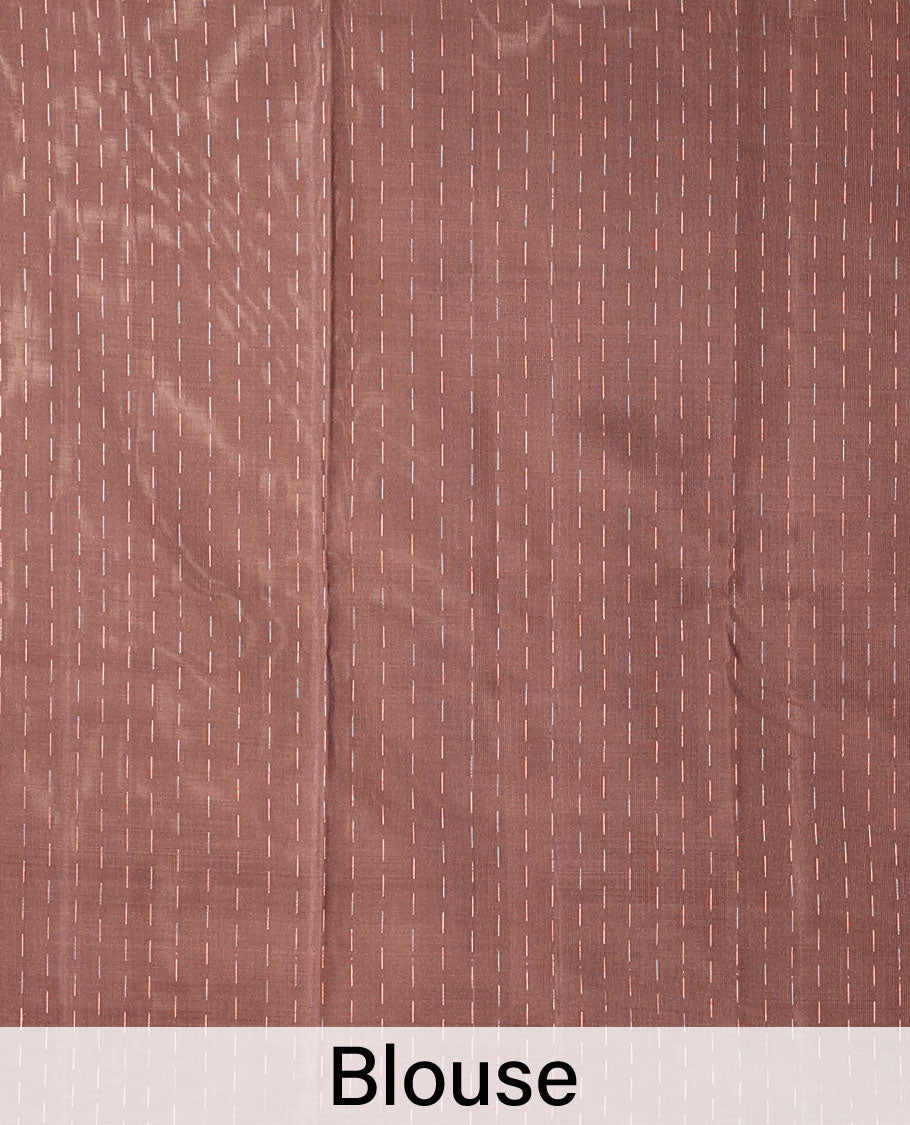 Borderless deep coffee brown soft silksaree with dotted strip & unique buttas on its body,self-pallu of intricate design