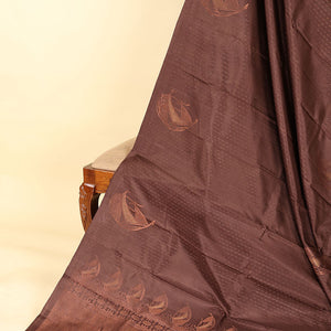 Borderless deep coffee brown soft silksaree with dotted strip & unique buttas on its body,self-pallu of intricate design
