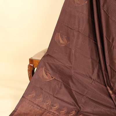 Borderless deep coffee brown soft silksaree with dotted strip & unique buttas on its body,self-pallu of intricate design