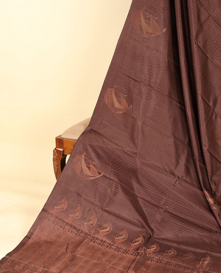Borderless deep coffee brown soft silksaree with dotted strip & unique buttas on its body,self-pallu of intricate design