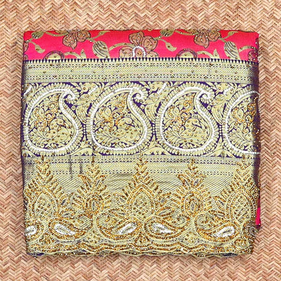 Pink floral-jaal jacquard vastrakala silk saree, contrast paisley border & pallu of ogee pattern, all-over stonework