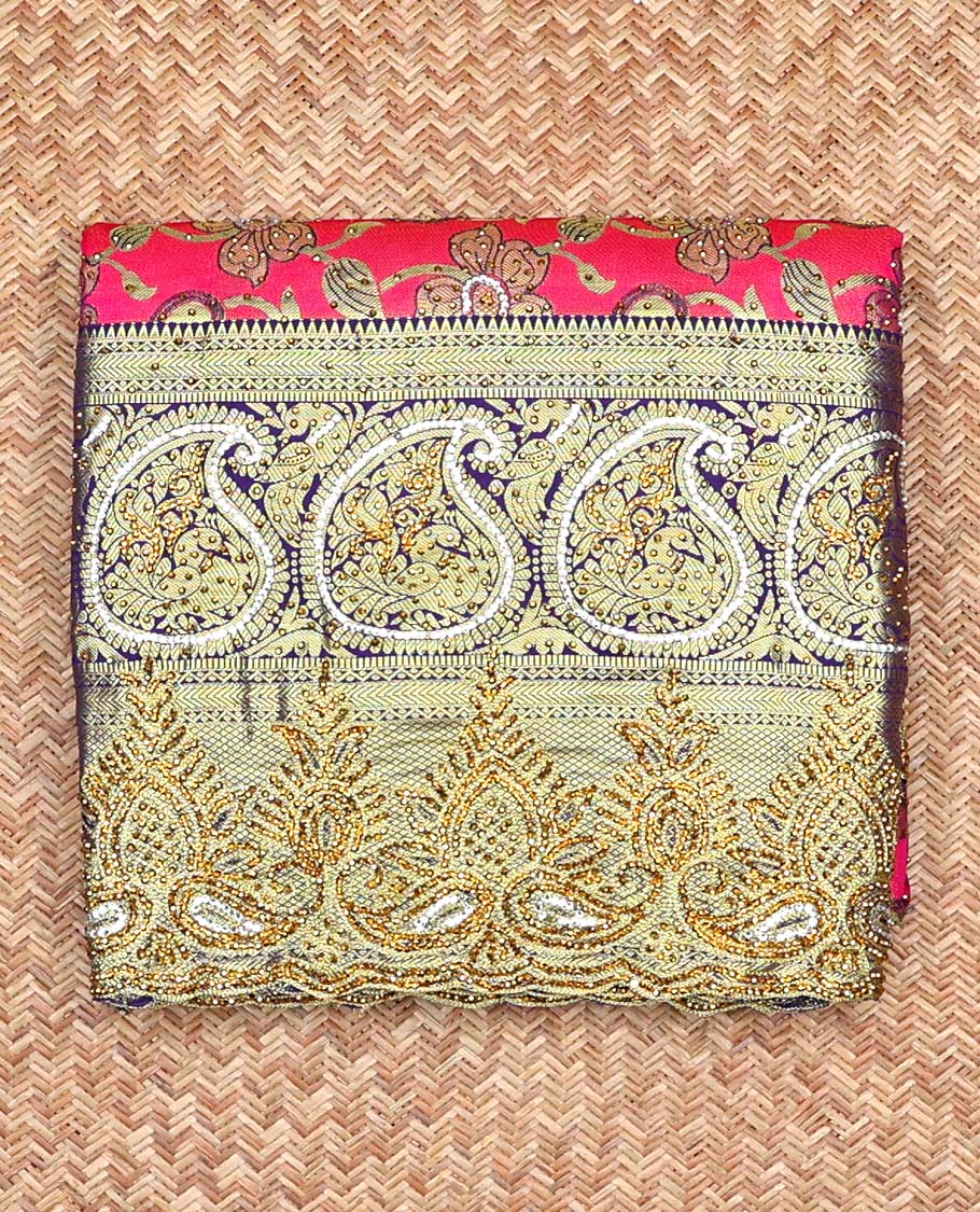 Pink floral-jaal jacquard vastrakala silk saree, contrast paisley border & pallu of ogee pattern, all-over stonework
