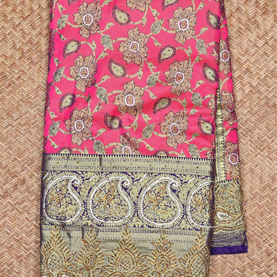 Pink floral-jaal jacquard vastrakala silk saree, contrast paisley border & pallu of ogee pattern, all-over stonework