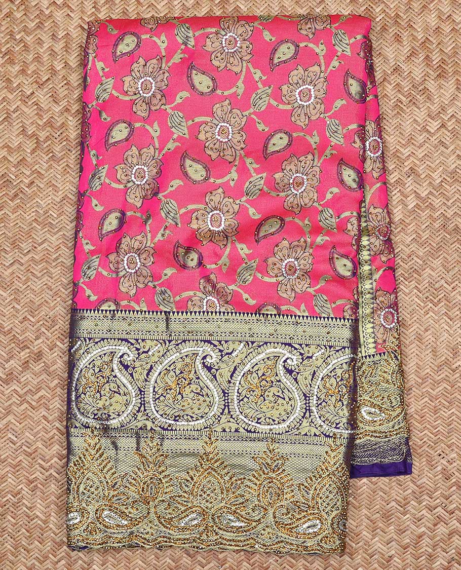 Pink floral-jaal jacquard vastrakala silk saree, contrast paisley border & pallu of ogee pattern, all-over stonework