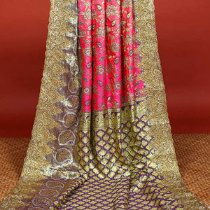 Pink floral-jaal jacquard vastrakala silk saree, contrast paisley border & pallu of ogee pattern, all-over stonework