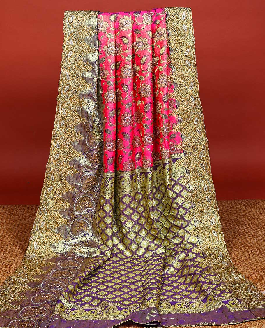Pink floral-jaal jacquard vastrakala silk saree, contrast paisley border & pallu of ogee pattern, all-over stonework