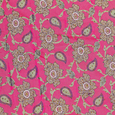Pink floral-jaal jacquard vastrakala silk saree, contrast paisley border & pallu of ogee pattern, all-over stonework