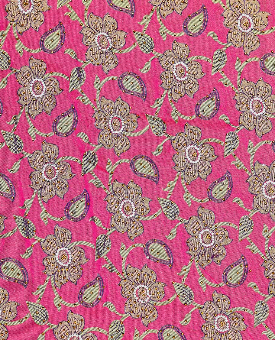 Pink floral-jaal jacquard vastrakala silk saree, contrast paisley border & pallu of ogee pattern, all-over stonework