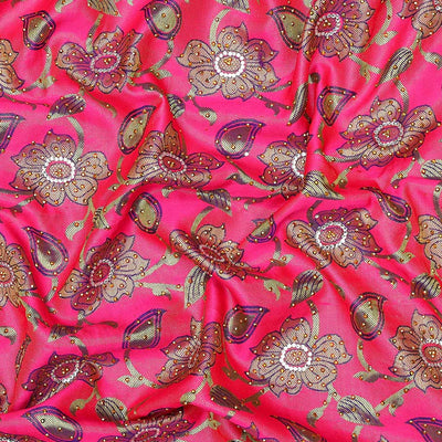 Pink floral-jaal jacquard vastrakala silk saree, contrast paisley border & pallu of ogee pattern, all-over stonework