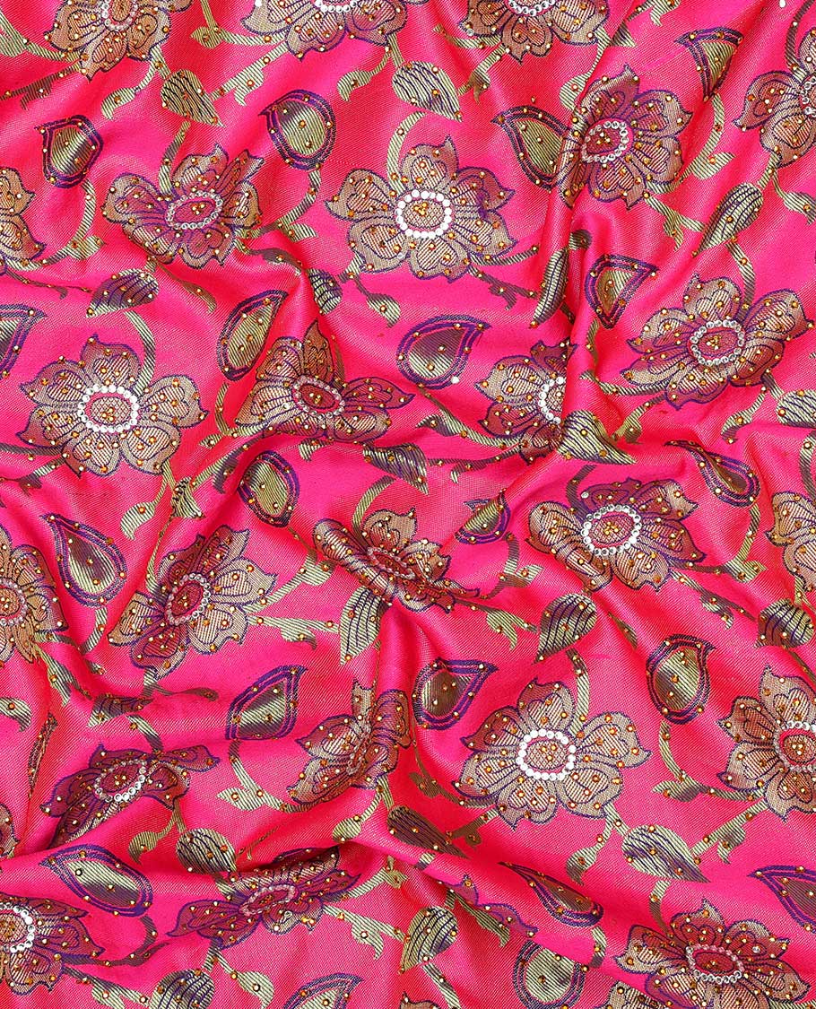 Pink floral-jaal jacquard vastrakala silk saree, contrast paisley border & pallu of ogee pattern, all-over stonework