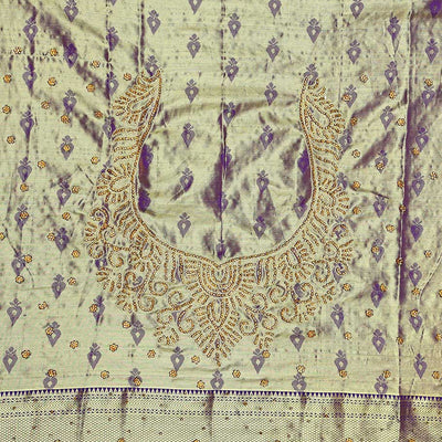 Pink floral-jaal jacquard vastrakala silk saree, contrast paisley border & pallu of ogee pattern, all-over stonework